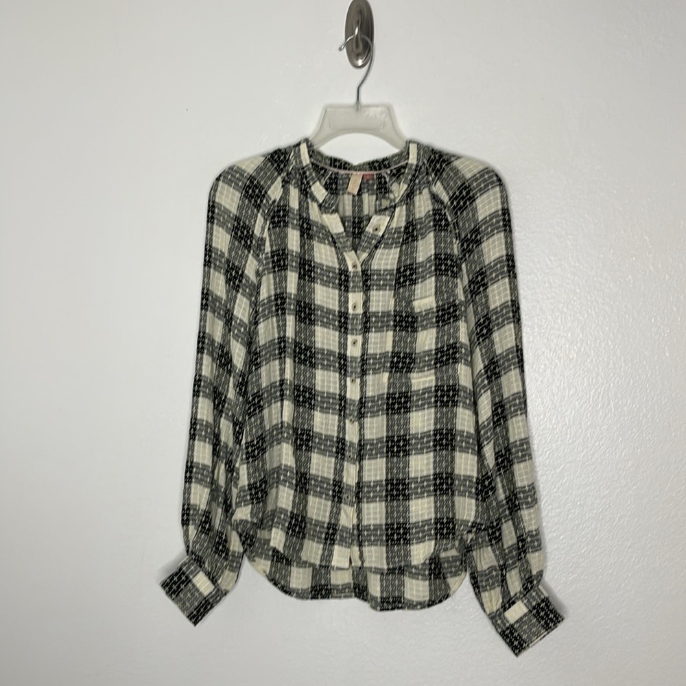 Anthropologie Pilcro Breezy Wool Blend Plaid Button Down Cream & Black Small - Picture 3 of 7